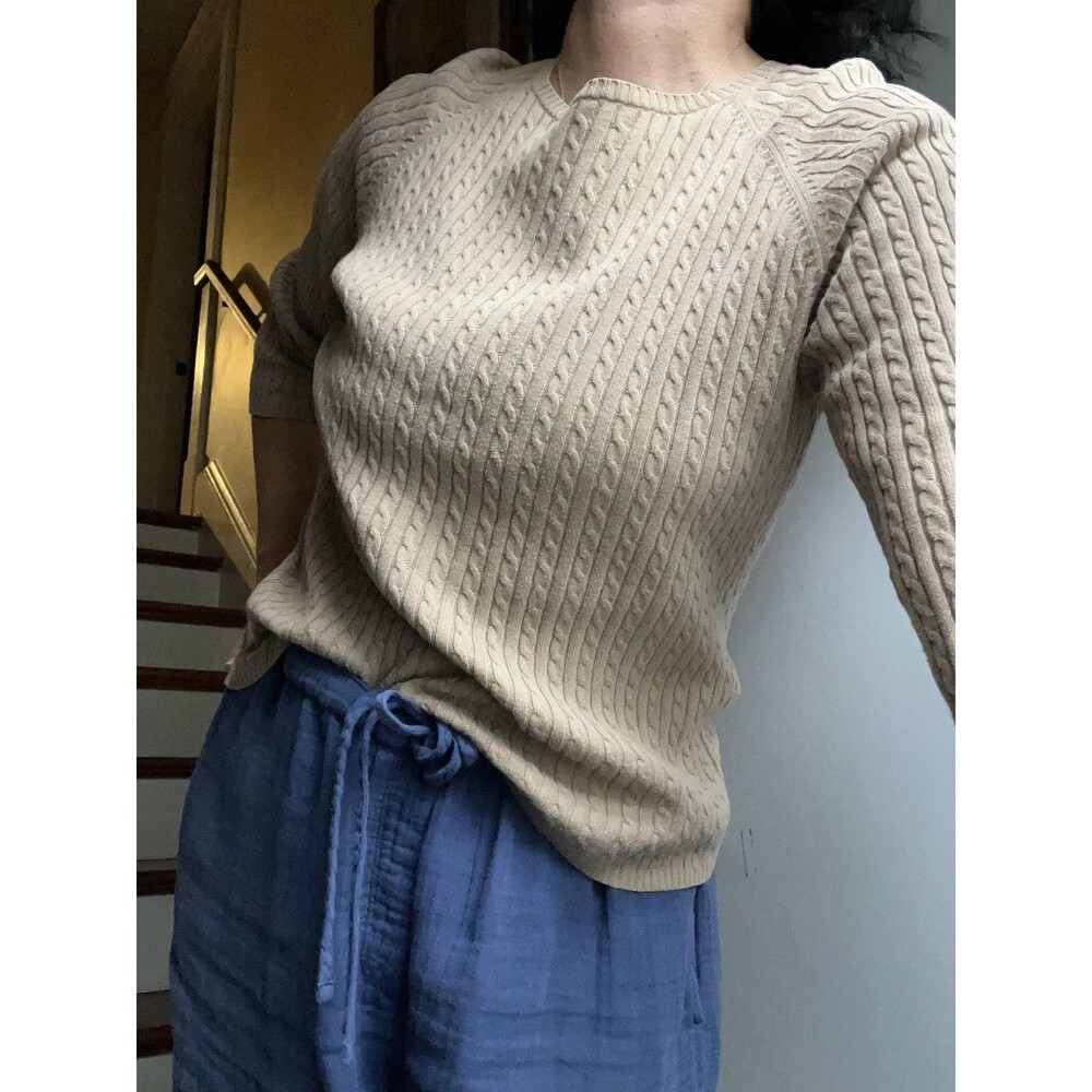 L.L.Bean Women’s M Taupe Cable Knit Scoop Neck 3/4 Sleeve Cotton Sweater